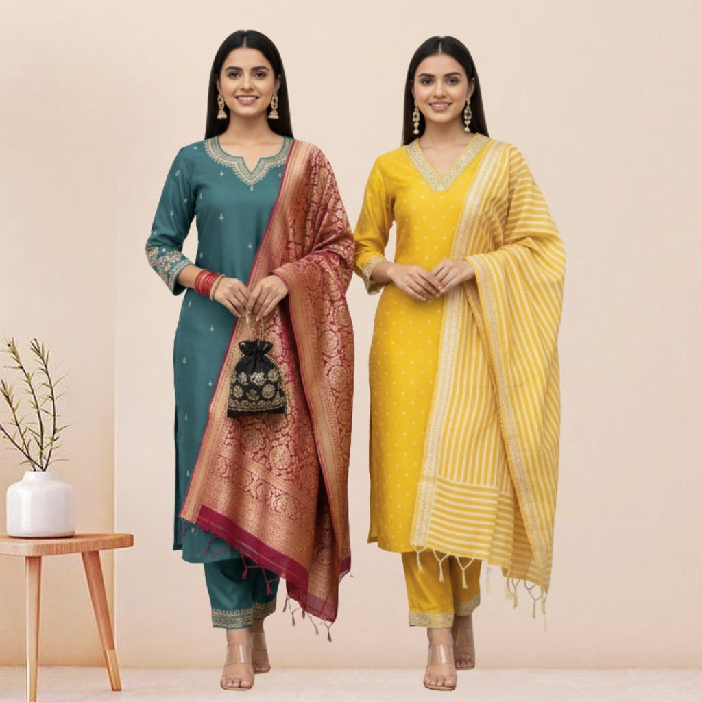 Women's Pack of 3 Pure Cotton Kurtis with Pant & Dupatta |C-05