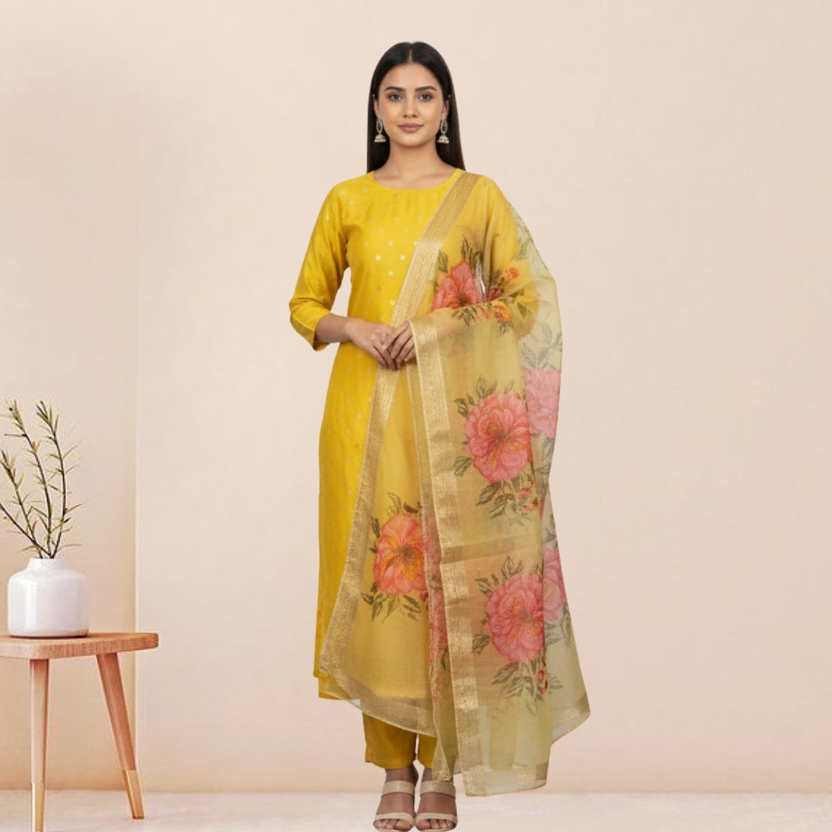 Women's Pack of 3 Pure Cotton Kurtis with Pant & Dupatta|C-09