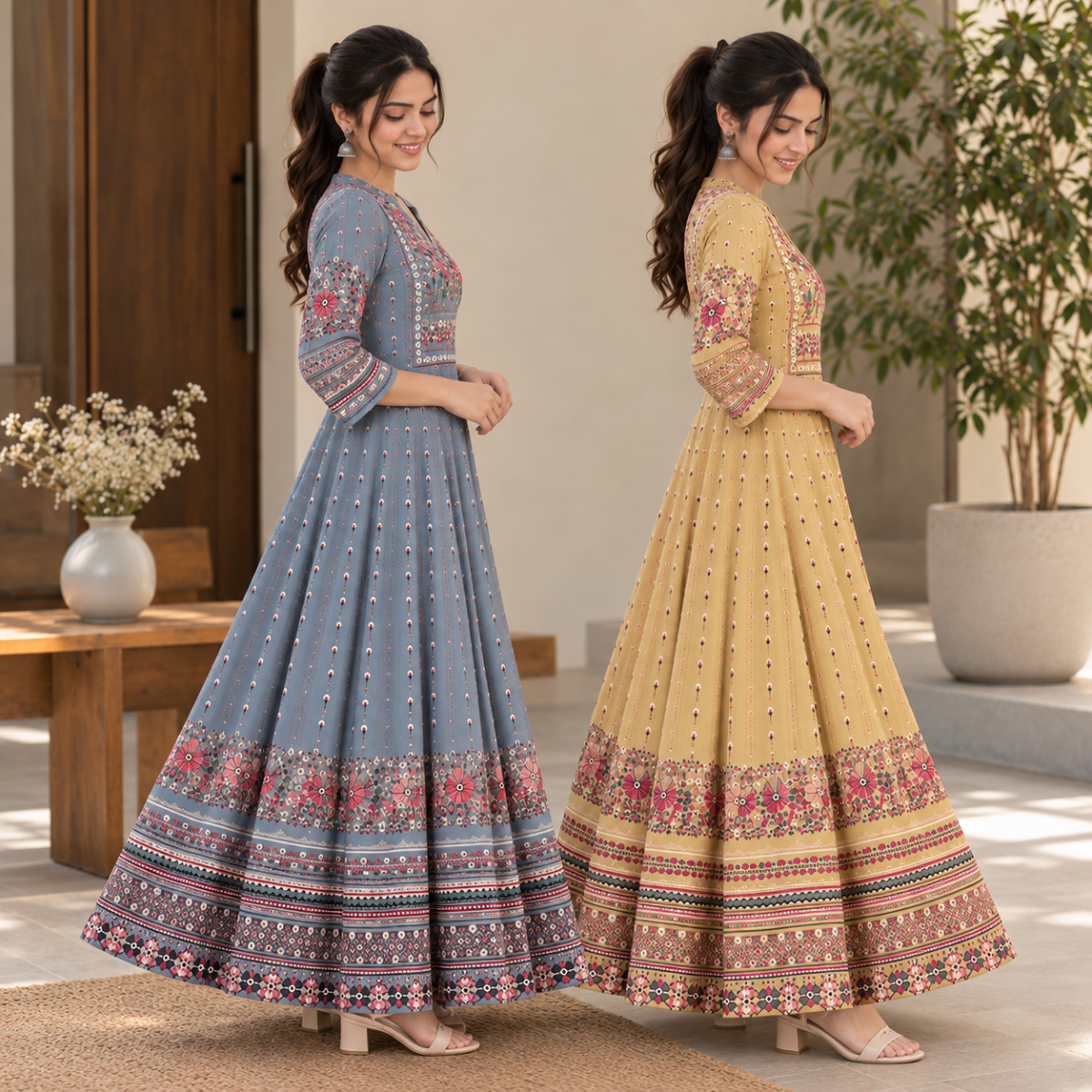 2 Pack Bohemian Ethnic Print Maxi Dress with Flowing Hem | B-21