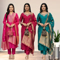 Women's Pack of 3 Pure Cotton Kurtis with Pant & Dupatta|C-10