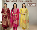 Women's Pack of 3 Pure Cotton Kurtis with Pant & Dupatta |C-02