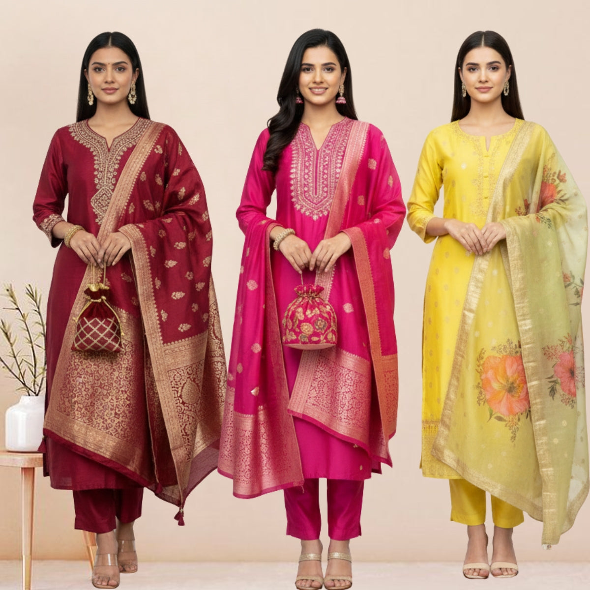 Women's Pack of 3 Pure Cotton Kurtis with Pant & Dupatta |C-02