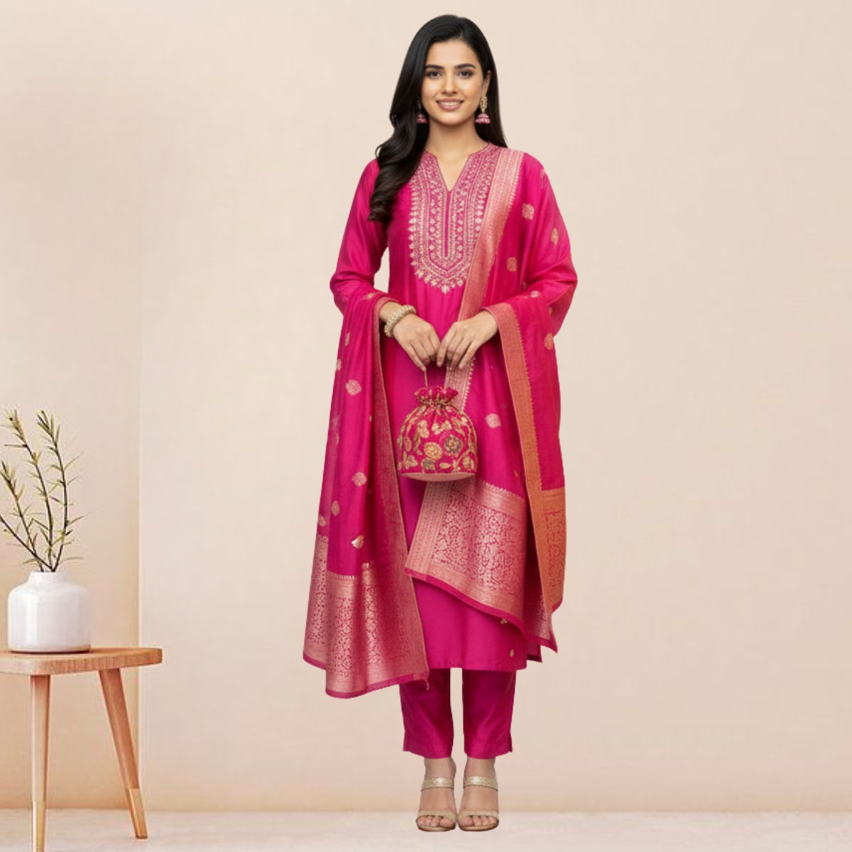 Women's Pack of 3 Pure Cotton Kurtis with Pant & Dupatta |C-02