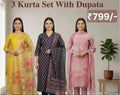 Women's Pack of 3 Pure Cotton Kurtis with Pant & Dupatta|C-09