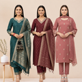 Women's Pack of 3 Pure Cotton Kurtis with Pant & Dupatta |C-06