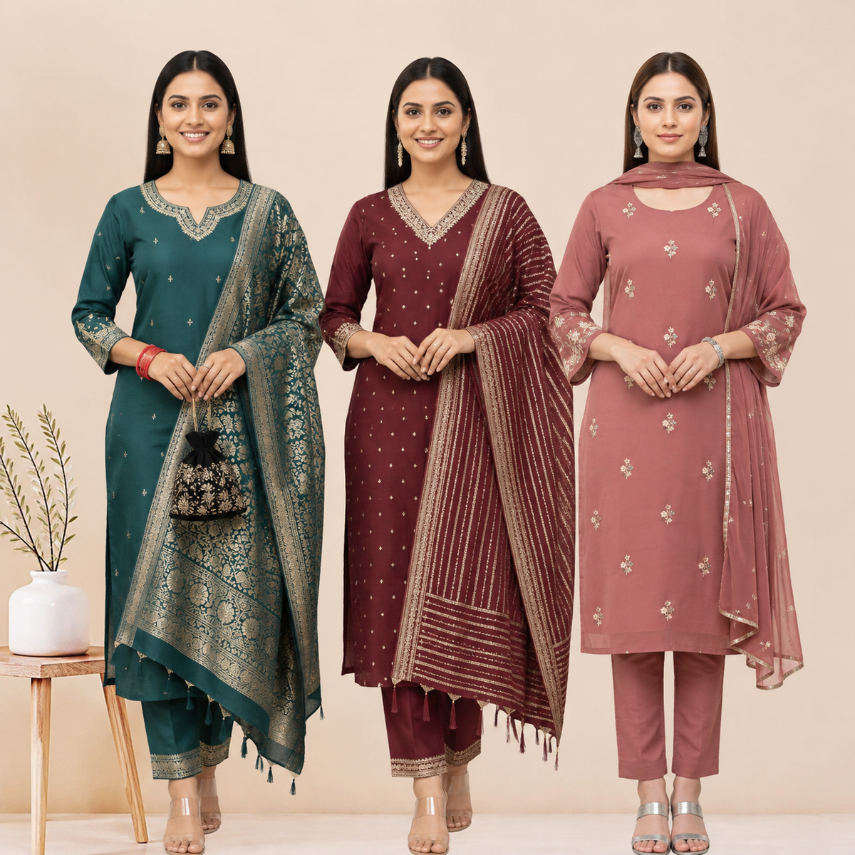 Women's Pack of 3 Pure Cotton Kurtis with Pant & Dupatta |C-06