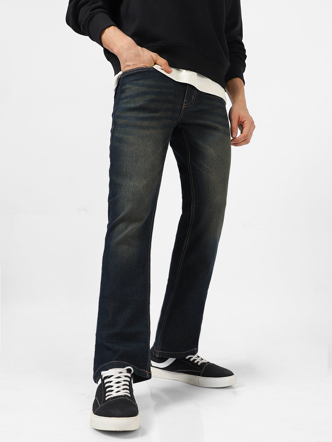 Men's Dark Blue Washed Bootcut Jeans Stretchable