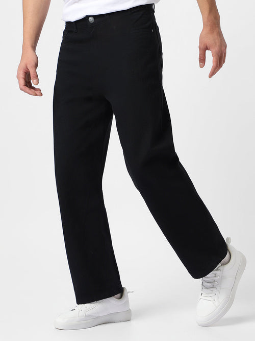 Men's Black Loose Fit Washed Jeans Non-Stretchable