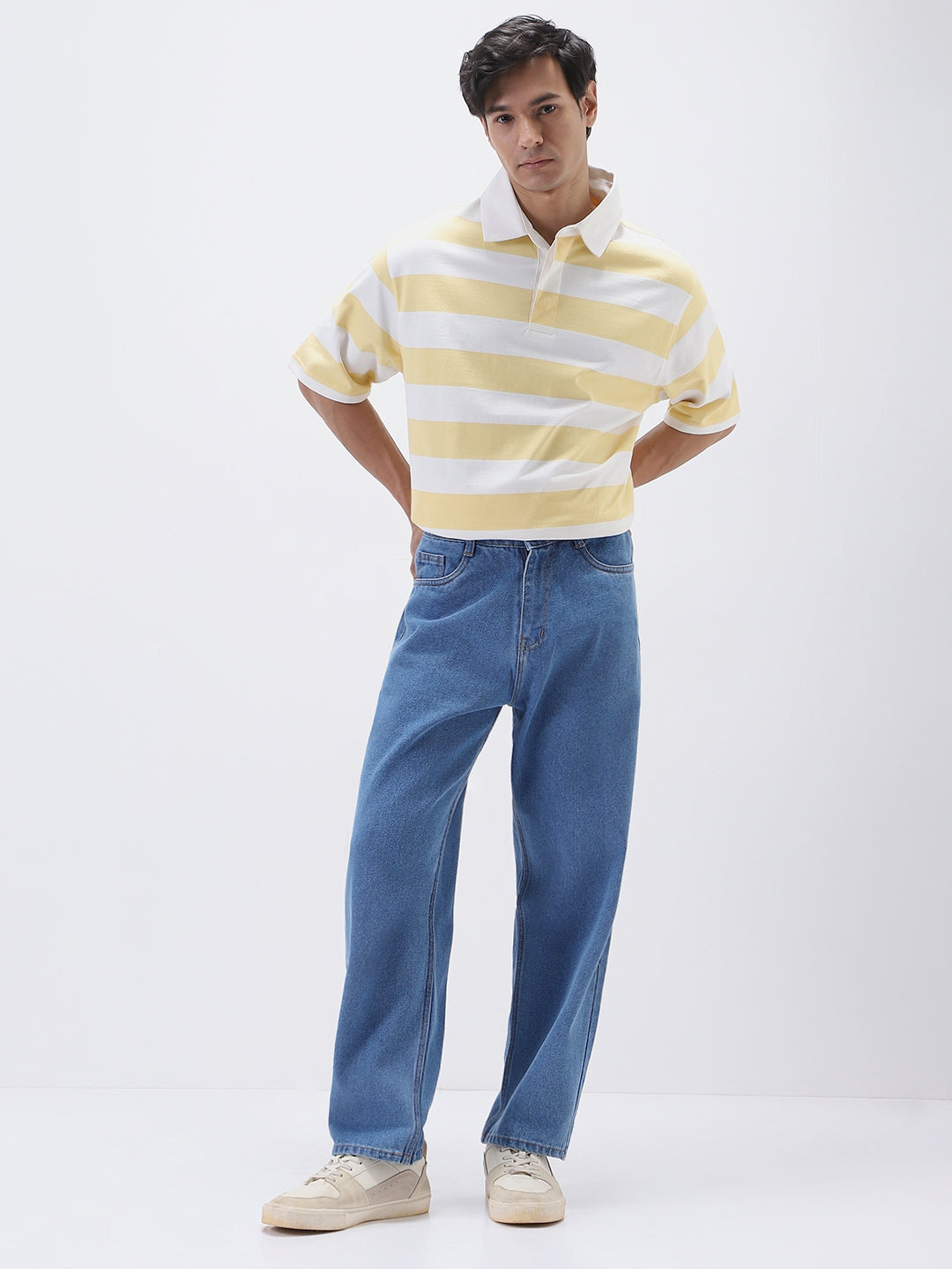Men's Light Blue Loose Fit Washed Jeans Non-Stretchable